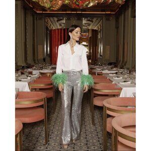 Zara Limited Edition Green Feather White Poplin Shirt Blogger’s Favorite Xs